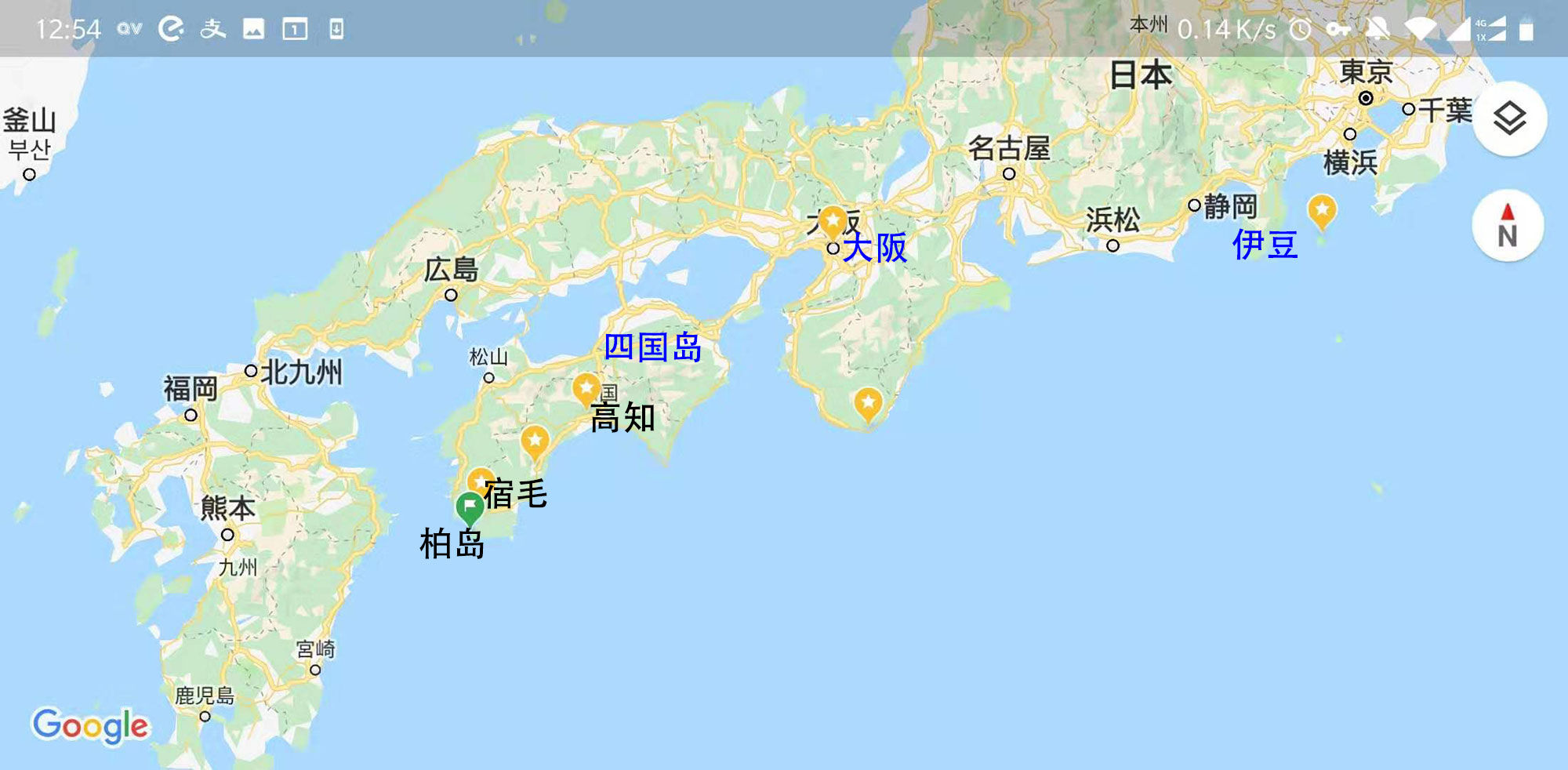 柏岛对比大阪的地理位置